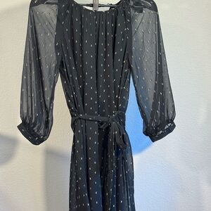 Ann Taylor Black Sheer Long-Sleeve Tie-Waist Midi Dress with Tiny gold Motif
